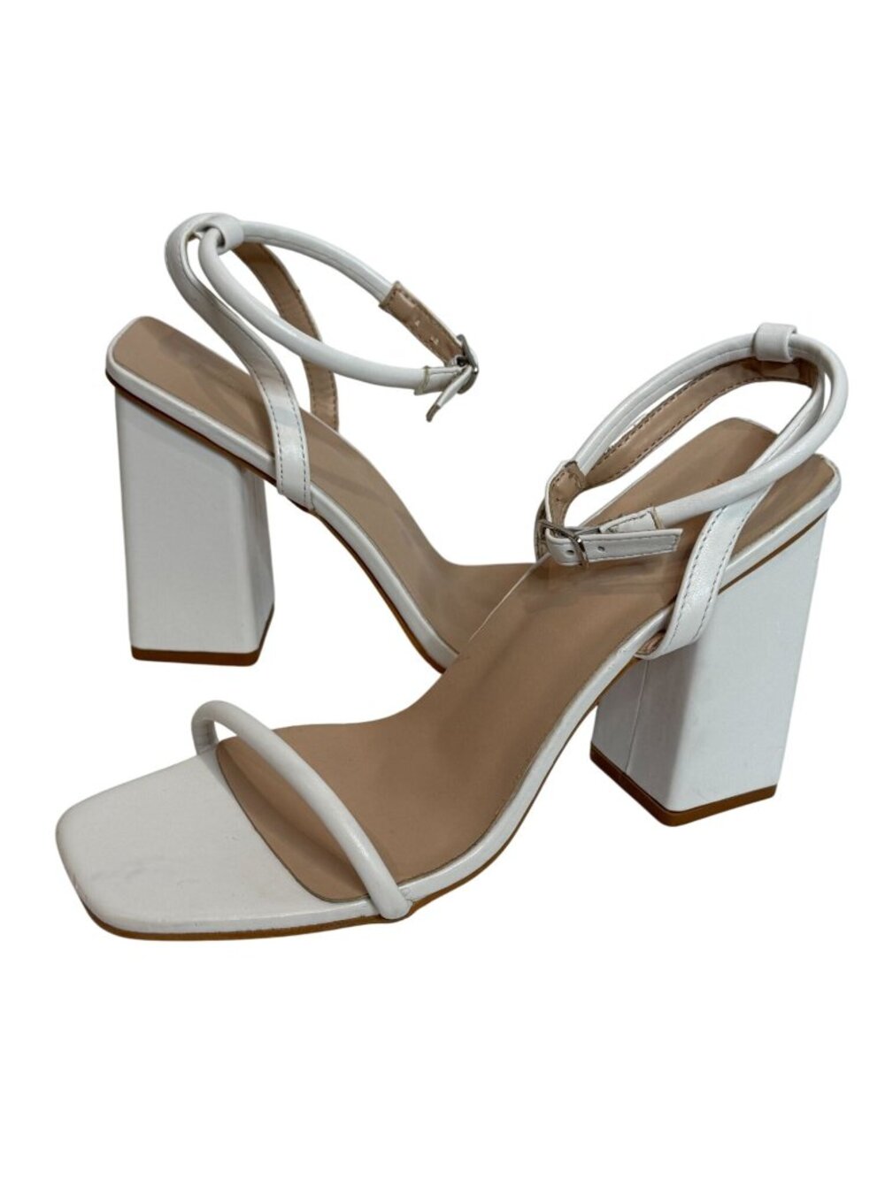 PrettyLittleThing Women's White Strappy Block Heel Sandals Square Toe Size 9